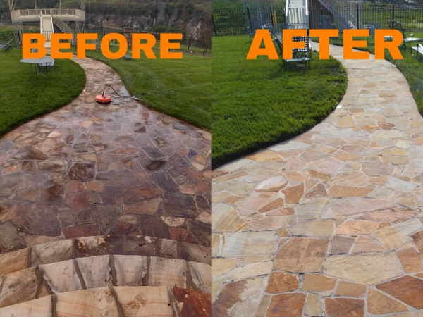 Before and after comparison of a power washed walkway